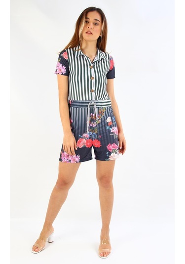 Alexandergardı Desenli Gömlek Yaka Şortlu Tulum B19-1510 001