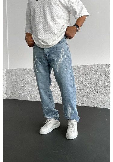Kaizer Denim Erkek Şimşek Desenli Baggy Pantolon Buz Mavi