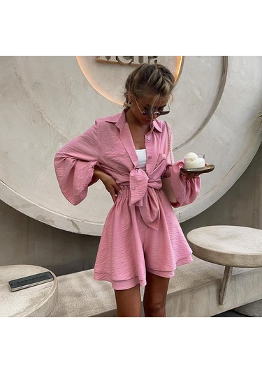 Yyfs Kadın Moda Günlük Düz Renk Baskı Uzun Kollu Polo Yaka Şort Takım Elbise Beyaz