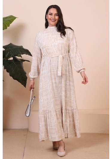 Kadin Hakim Yaka Buyuk Beden Elbise Tesettur Viskon Kumas Pileli Ve Piliseli Elbise 001