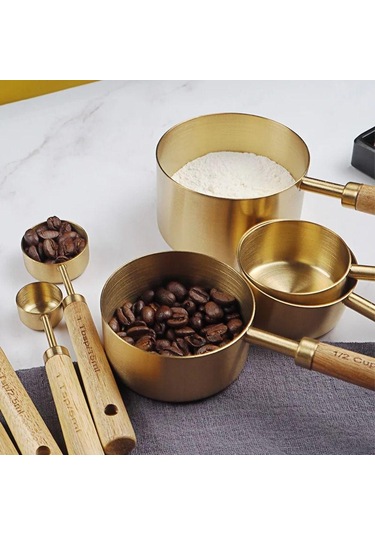 Ahşap Saplı Ölçü Kapları Kaşıkları Paslanmaz Çelik Kahve Ölçü Kaşığı Yeni Pişirme Aletleri Altın