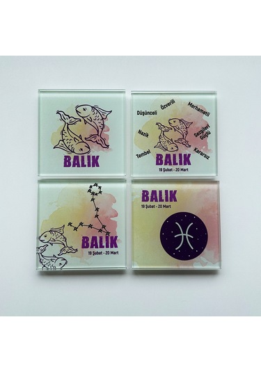 Decorita Cam Bardak Altlığı Burçlar - Balık Burcu 4'lü Takım Çok Renkli