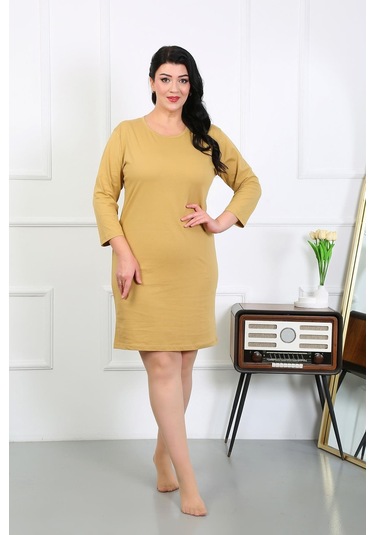Akbeniz Kadın Büyük Beden Penye Gecelik Ev Elbisesi Hardal 12506 Hardal