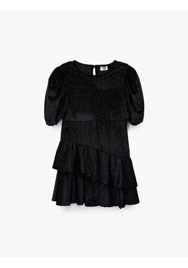 Koton Fırfır Detaylı Kısa Kollu Bisiklet Yaka Simli Elbise Siyah 6wkg80013ak Siyah