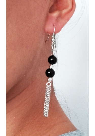 K209 Sallantılı Oniks Doğal Taşlı Küpe Gümüş - Siyah