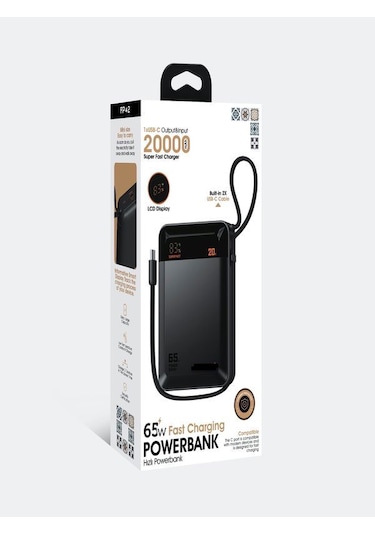 20000mah 65w Hızlı Şarj Dijital Göstergeli Type-c Kablolu/girişli Askılı Powerbank - Siyah siyah
