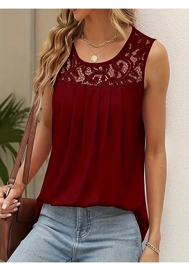 Kadın Askılı Yuvarlak Yaka Dantel Detaylı Viskon Bluz Bordo