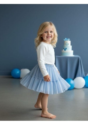 Zekids Kız Bebek Beli Lastikli Katkat Mavi Tütü Etek-16544 Mavi