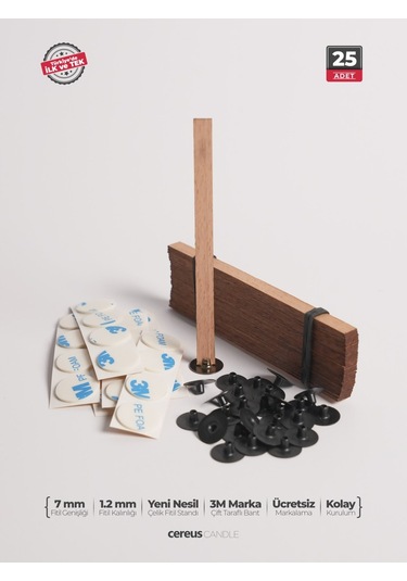 Ahşap Mum Fitili 7 Mm Genişlik Nikel Kaplama Çelik Taban + 3m Köpük Bant, 25 Li Set Cereus Ahşap