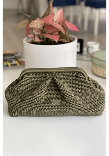El Yapımı Haki Renk Pileli Örgü El Çantası Haki