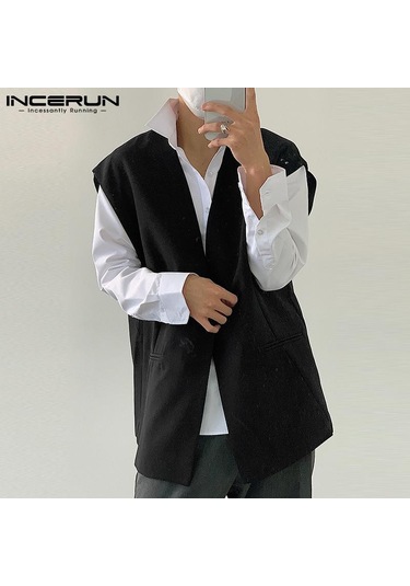 Incerun Erkek Moda Kolsuz Yelek Kemerli Üstler Açık Ön Hırka Düz Renk Yelek Bluz Siyah