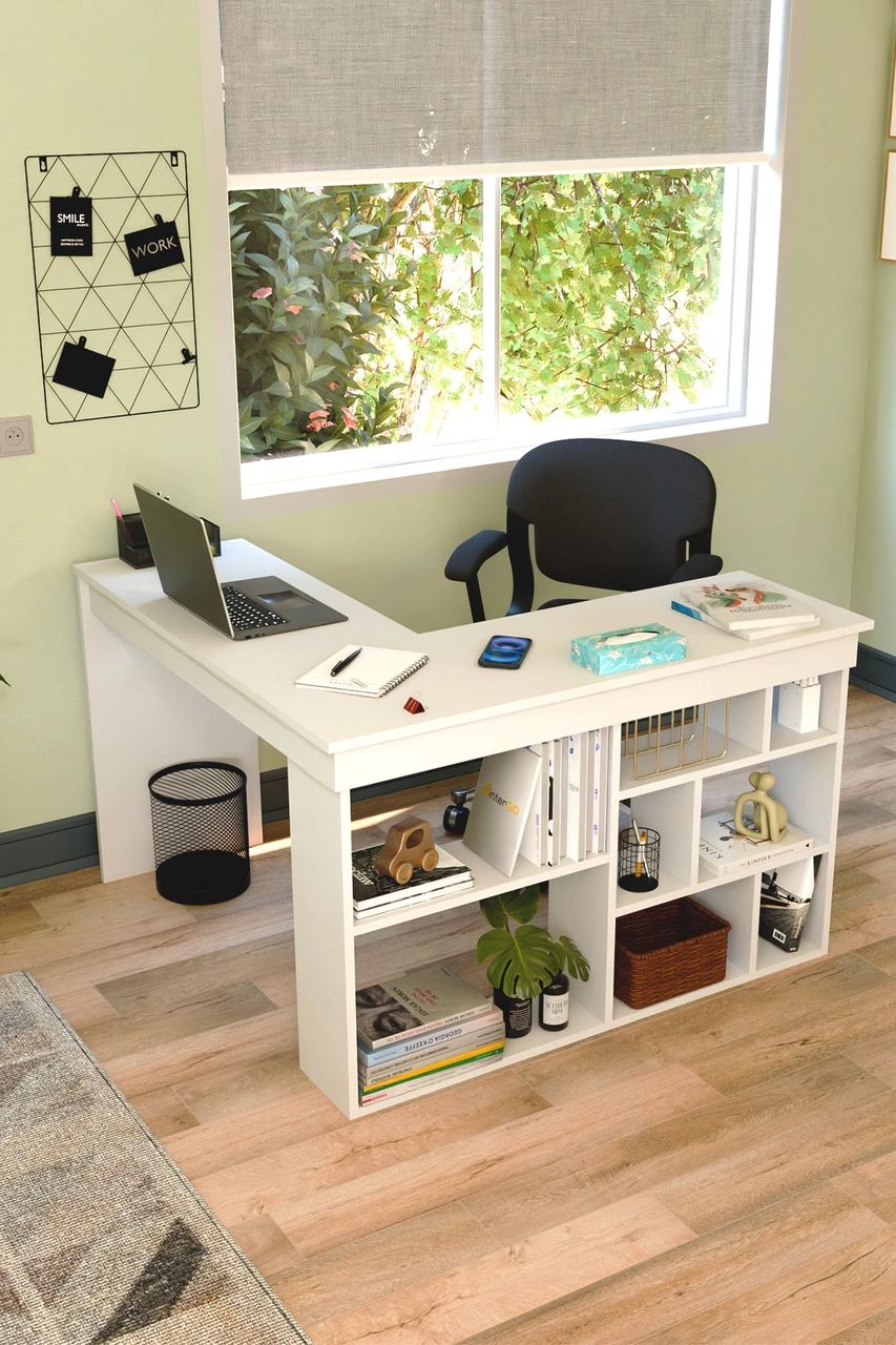 Corn Köşe Çalışma Masası Raflı Bilgisayar, Ofis Masası Beyaz Beyaz