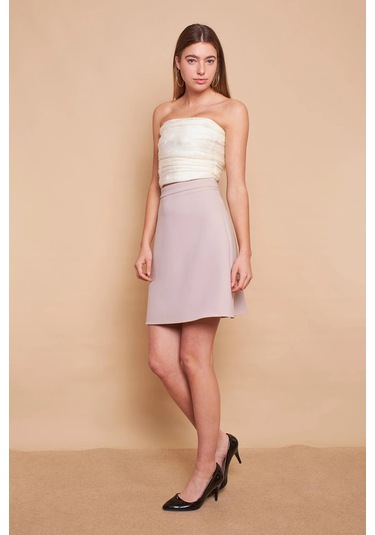 Yüksek Bel Hafif Likralı Kumaş Diz Boy Çan Etek-taş Taş