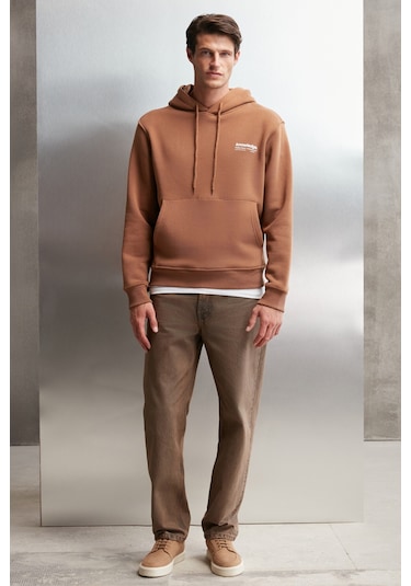 Grimelange Martel Erkek Yumuşacık Içi Polarlı Baskılı Regular Kordonlu Açık Kahverengi Sweatshirt
