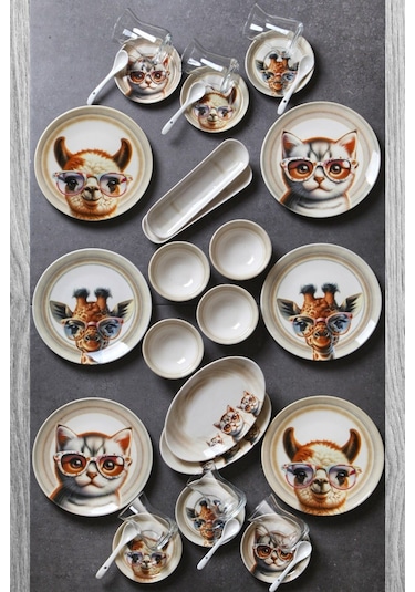 Kitchen Life 32 Parça 6 Kişilik Sweet Animals Porselen Kahvaltı Takımı Bone China