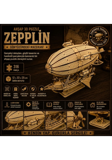 Zeppelin Ahşap Maket Seti Dıy 3d Puzzle Steampunk Hava Gemisi Koleksiyoner Modeli 316 Parça