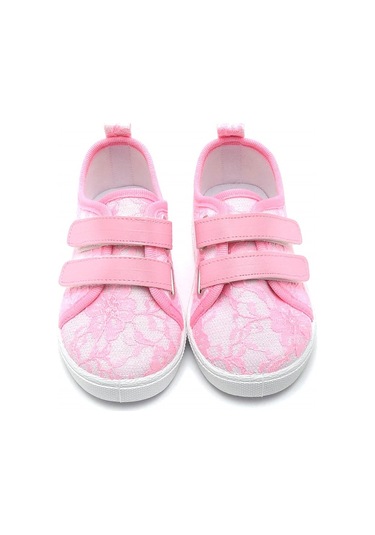 Çift Cırtlı Dantelli Keten Spor Çocuk Ayakkabısı-pembe-f-4005 Pembe