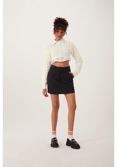 Quhox Kadın Triko Crop Sweatshirt Krem