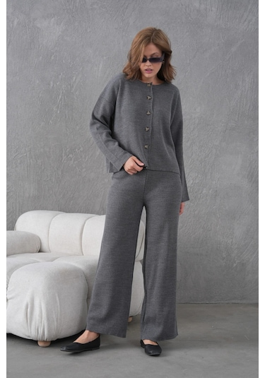 Kadın Bisiklet Yaka Düğme Kapama Kaşkorse Ceket Pantolon İkili Triko Takım Antrasit
