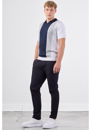 Dufy Lacivert Blok Desen Erkek Triko - Slim Fit Lacivert