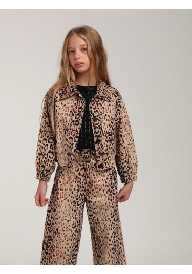 Kız Çocuk Leopar Desenli Tek Cepli Ceket-15592 Kahverengi