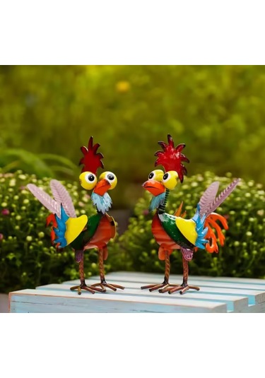 Tenfowee Yeşil Metal Demir Çelik Canlı Horoz Figürü, Bahçe Çimenliği Ve Ev Dekorasyonu Sanat Eseri, 21x17x8 Cm