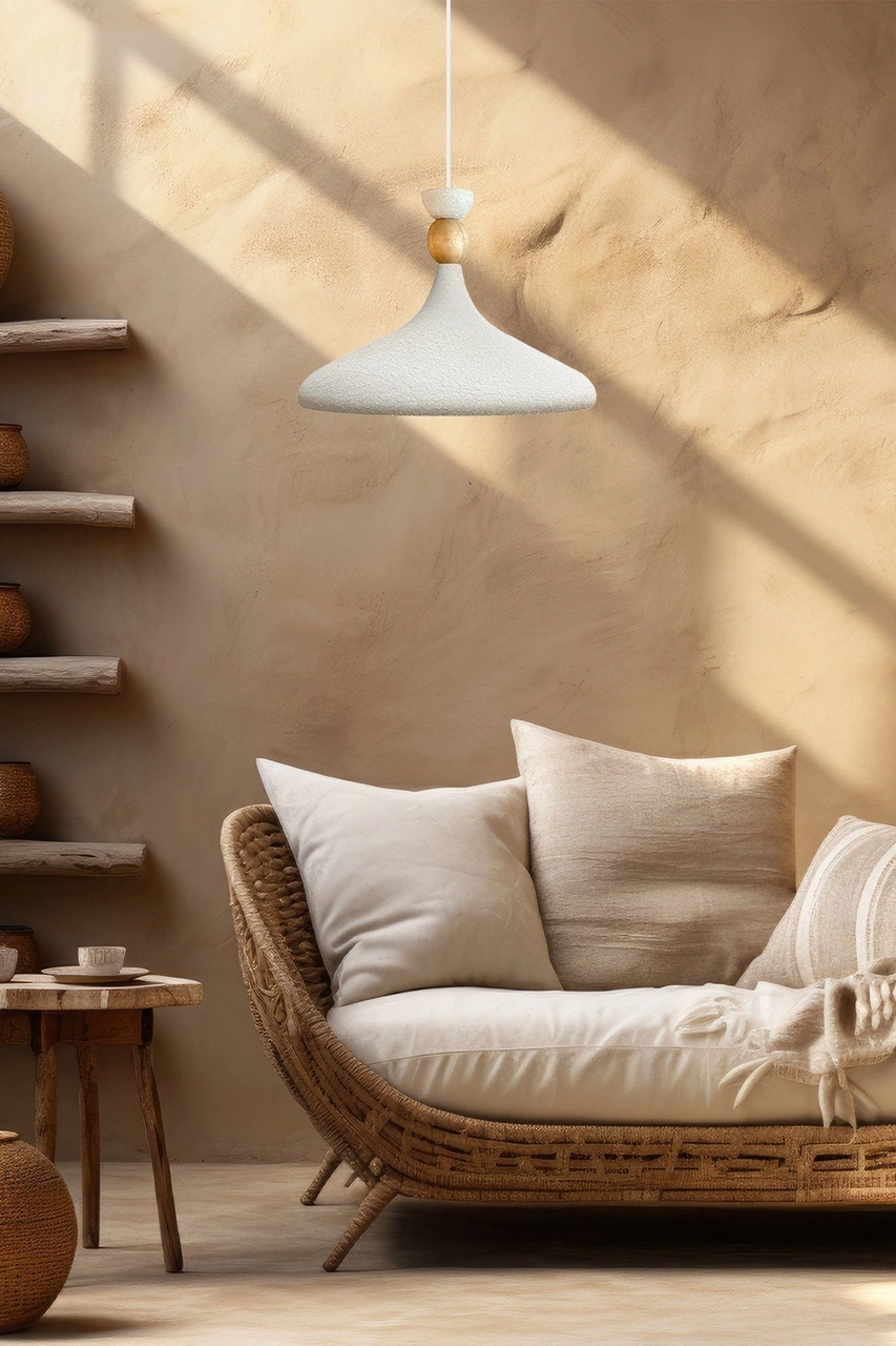 Dokulu Açık Krem Ahşap Şapka Tekli Avize Sarkıt Salon Mutfak Cafe Butik Lamba Aydınlatma Avizeler Dokulu Açık Krem