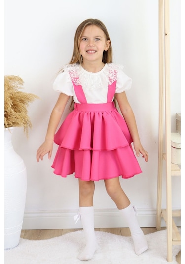 Kız Çocuk Helen Pembe Askılı Kat Kat Bağlama Jile Elbise Dantel Detay Ekru Kısa Kollu Bluz Takım