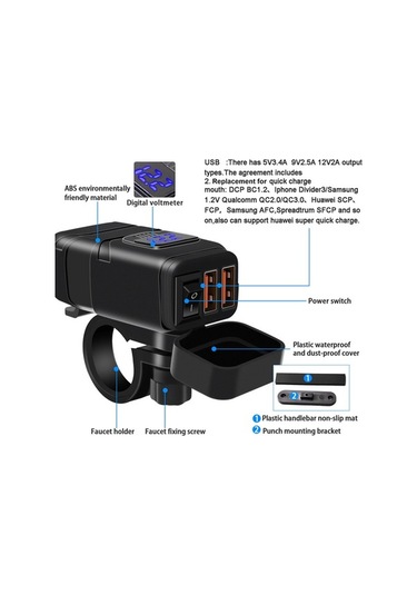 Pazly Çift Usb Portlu Qc3.0 Motorcu Şarj Cihazı - 12v Voltmetreli Hızlı Şarj