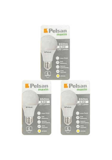 3 Adet Pelsan 8,5w 2700k Sarı Işık E27 Duylu Kalın Duy Led Ampul