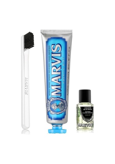 Marvis Acquatic Mint Diş Macunu 85 ML + Konsantre Ağız Gargarası 30 ML + Yumuşak Diş Fırçası