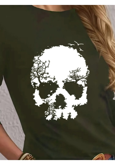 Ahes Shopping Kadın Uzun Kollu Bisiklet Yaka Kurukafa Desenli Viskon Bluz Yeşil