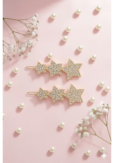 Üçlü Yıldız Şekilli Metal Toka, Metal Klipsli Üçlü Yıldız Toka 2 Adet Altın