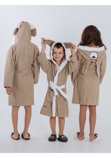 Formeya Kapşonlu Çocuk Bornoz %100 Pamuk Su Emici Köpek Figürlü Kahverengi