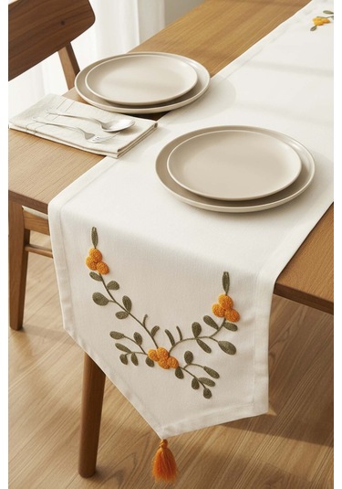 Sarı Çiçek Nakışlı Vintage Keten Runner 40x140 Cm Krem