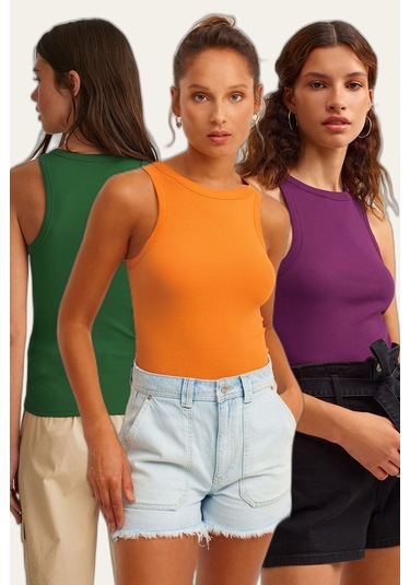 3'lü Paket Fitilli Halter Yaka Örme Atlet MÜRDÜM