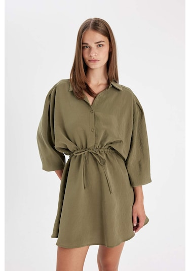 DeFacto Gömlek Yaka Beli Büzgülü Bağcıklı Basic Düz Modal Yarasa Kollu Mini Elbise C4472AX24AUKH21 DeFacto Gömlek Yaka Beli Büzgülü Bağcıklı Basic Düz Modal Yarasa Kollu Mini Elbise C4472AX24AUKH21