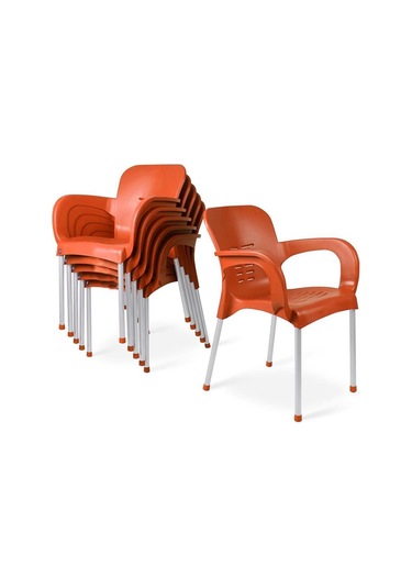 6 Adet Metal Ayaklı Plastik Sandalye Koltuk Turuncu Turuncu