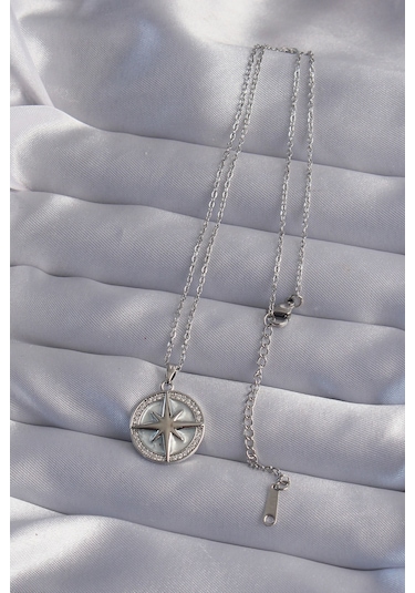 316l Çelik Zincir Gümüş Renk Zirkon Taşlı Kutup Yıldızı Kolye - Ebj240912w27680 Bakır