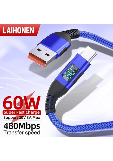 Willowhaven 1 Adet 60w Dijital Ekranlı Usb Type C Hızlı Şarj Kablosu 10ft Kırmızı
