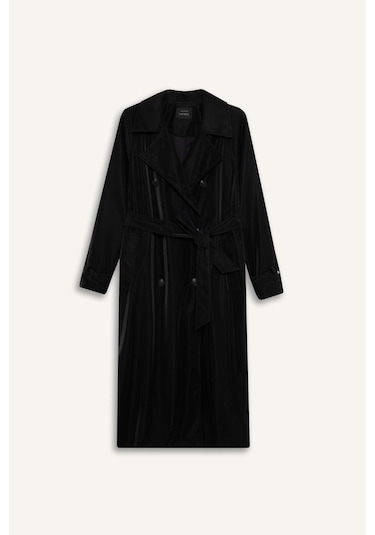 Defacto Regular Fit Suni Deri Kemerli Uzun Trençkot E8580ax25aubk27 Siyah