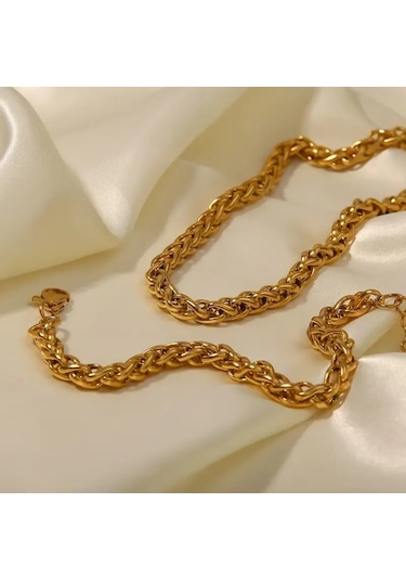 Gold Renk Spiga Model Kalın Burgu Çelik Kolye Ve Bileklik Set 4mm Altın