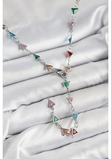Pirinç Renkli Zirkon Taşlı Üçgen Model Gümüş Renk Kadın Y Kolye Çok Renkli