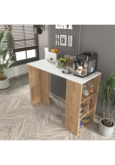 Pan Mutfak Adası , Bar Masası , Raflı Sepet - Beyaz