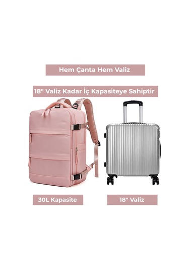 Su Geçirmez 16" İnç 30l Ayakkabı Bölmeli Seyahat Sırt Çantası - Laptop Bölmeli, Usb Şarj Girişli Pembe