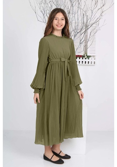 Kız Çocuk Uzun Boydan Pliseli Şifon Elbise Haki