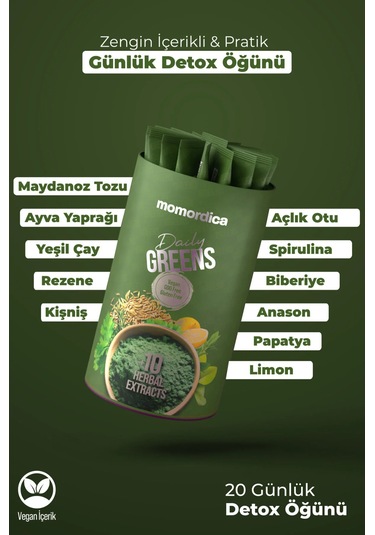 Momordica Daily Greens Spirulina, Yeşil Çay, Biberiye, Açlık Otu, Rezene +11 Bitki - 20 Saşe