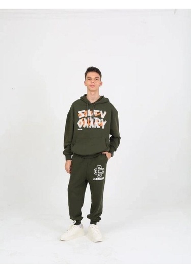 Erkek Çocuk Yazı Detaylı 2 İplik Kapüşonlu Sweatshirt-15229 Haki