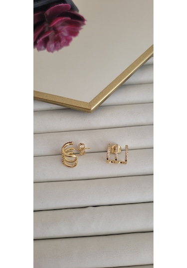 Çelik Zirkon Taşlı Gold Renk Kadın Küpe Altın