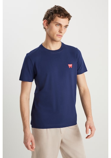 %100 Pamuk Regular Fit Normal Kesim Bisiklet Yaka Minimal Logo Lacivert Tişört NAVY
